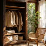Wabi-sabi style open wooden wardrobe