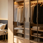 Creamy style solid wood wardrobe with glass doors